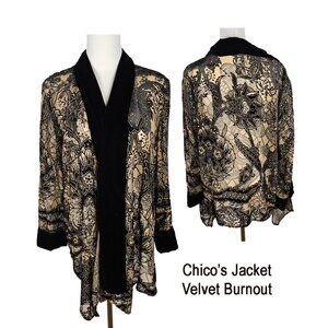 Chicos Travelers Kimono Jacket Velvet Burnout Size 2 Large Black & Gold